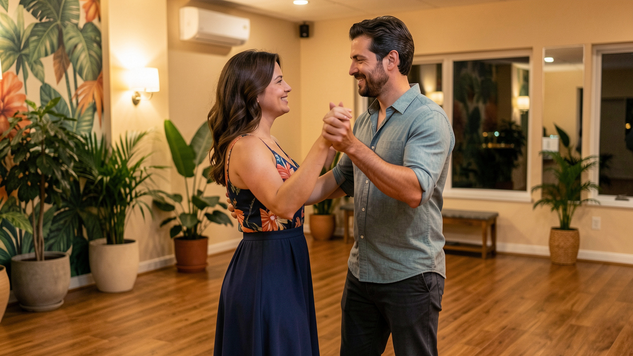 Une femme et un homme adultes dansent ensemble avec respect et complicité dans un studio chaleureux.