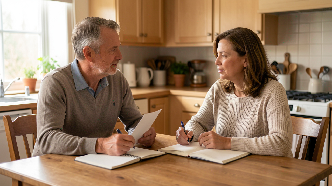 Un homme et une femme adultes discutent calmement de leurs limites et de leurs attentes dans une relation, autour d’une table chaleureuse.