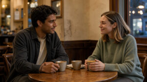 Un homme et une femme discutent calmement dans un café, avec un regard complice et une atmosphère chaleureuse.