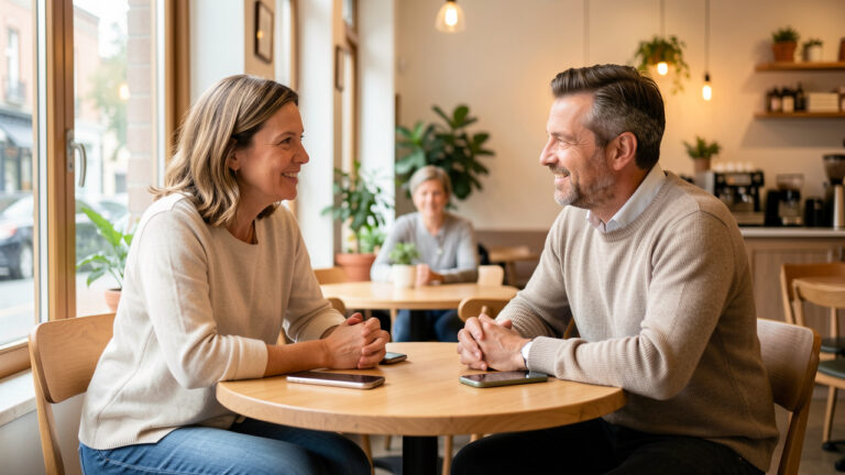 Une femme et un homme d’une quarantaine d’années discutent chaleureusement dans un café lumineux, avec leurs téléphones posés face cachée sur la table.