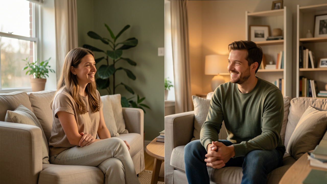 Un homme et une femme adultes échangent souriants lors d’un premier rendez-vous à distance, chacun installé dans un intérieur calme et chaleureux.