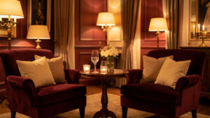 Salon élégant éclairé à la bougie, avec deux fauteuils en velours, des fleurs et une table invitant à une soirée calme et romantique.