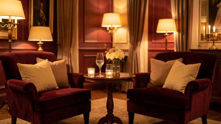 Salon élégant éclairé à la bougie, avec deux fauteuils en velours, des fleurs et une table invitant à une soirée calme et romantique.